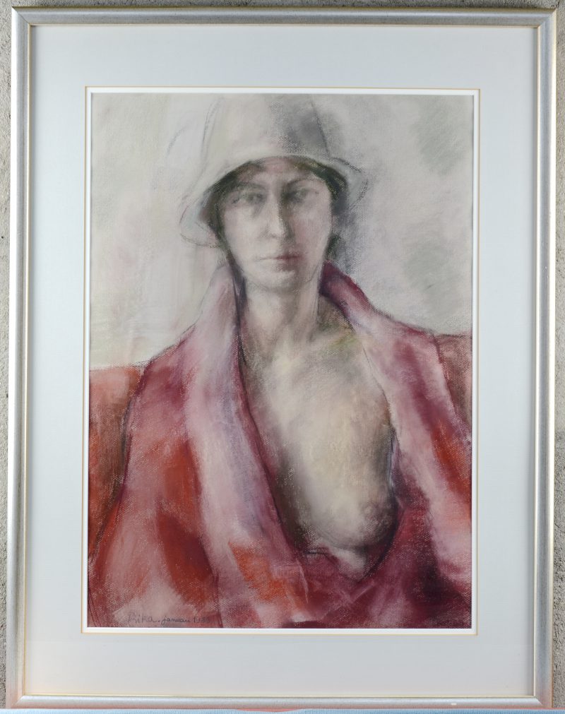 “Portret van een vrouw met ontblote borst”. Pastel op papier. Gesigneerd en gedateerd januari 1983.