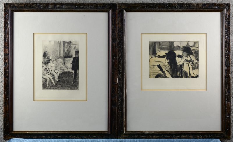 Twee steendrukken met illustraties Edgar Degas uit ‘La maison Tellier’ van Guy de Maupassant. Genummerd 250 op 350 exemplaren. Ed. Ambroise Vollard à Paris.
