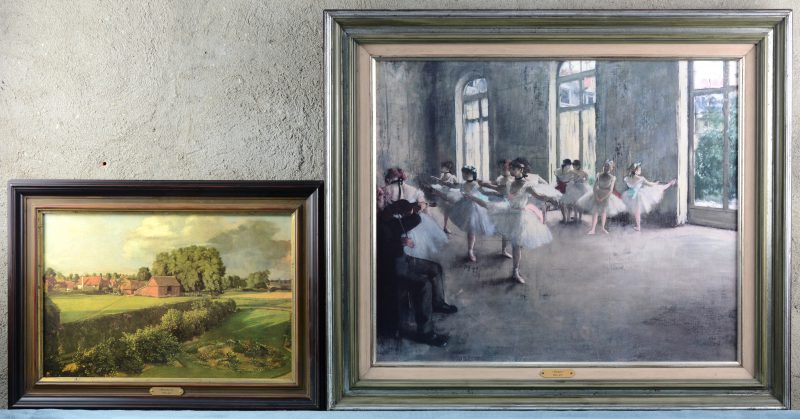 “De balletles”. Reproductie op doek naar Degas (50 x 60 cm) en “Landschap”. Reproductie op doek naar Constable (28 x 42 cm).