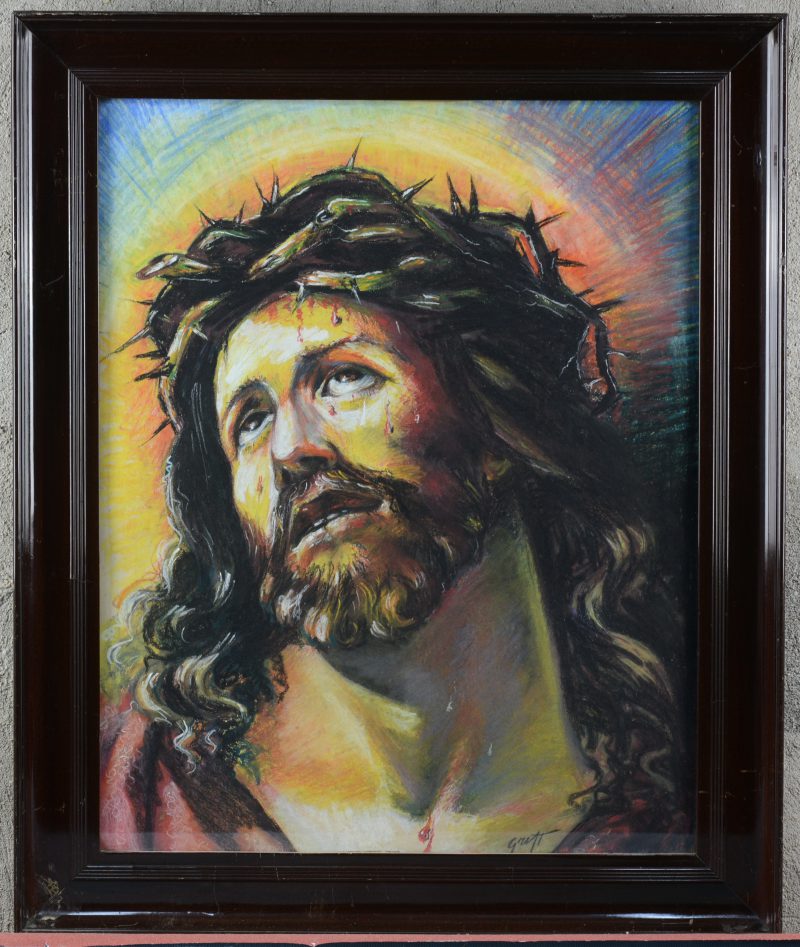 “Christus met de doornkroon”. Pastel op papier. Onduidelijk gesigneerd.