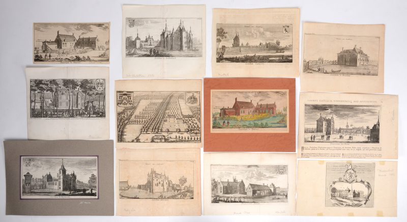 Een lot XVIIIe eeuwse gravures met kastelen:- Anderstadt, Lier- Altena, Kontich- Bauwel, Zandhoven (2x, waarvan één ingekleurd)- Berentrode, Bonheiden- Beerschot, Hoboken- Boom- Boechout- Cantecroy, Mortsel- Grobbendonck- Moninchoven, Hemiksem- Heymissen