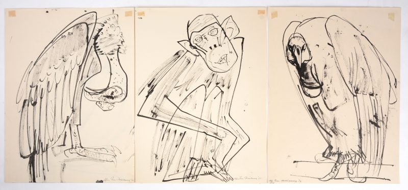 Drie inkttekeningen op papier met twee voorstellingen van een gier, een condor en een aap.