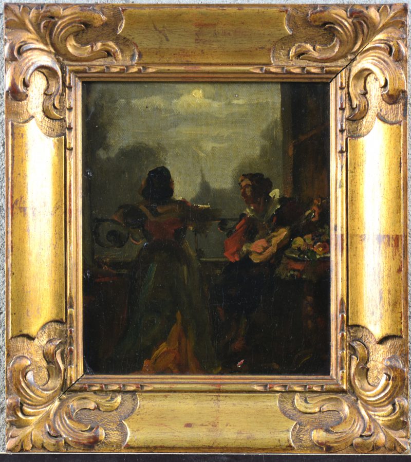 “Serenade op het balkon”. Een olieverfstudie op paneel. XIXe eeuw.