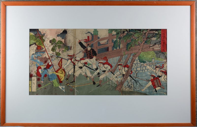 “Kapitein Matsuzaki steekt de rivier Ansong over”. Een Japanse triptiek met een scène uit de Chinees - Japanse oorlog. Tijdperk Meji.