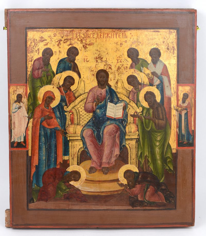 “Jezus omgeven door diverse heiligen”. Een Russisch icoon. XIXe eeuw.