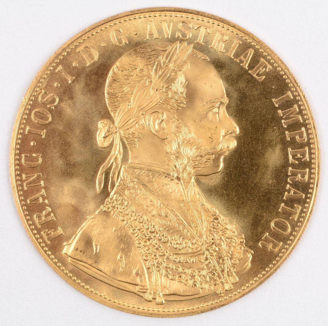 oppervlakkig galblaas ambitie 1 gouden munt van 4 Dukaten. Au 986/1000. Oostenrijk-Hongarije, 1915. Recto  Franz-Josef, verso dubbelhoofdige adelaar. – Jordaens N.V. Veilinghuis