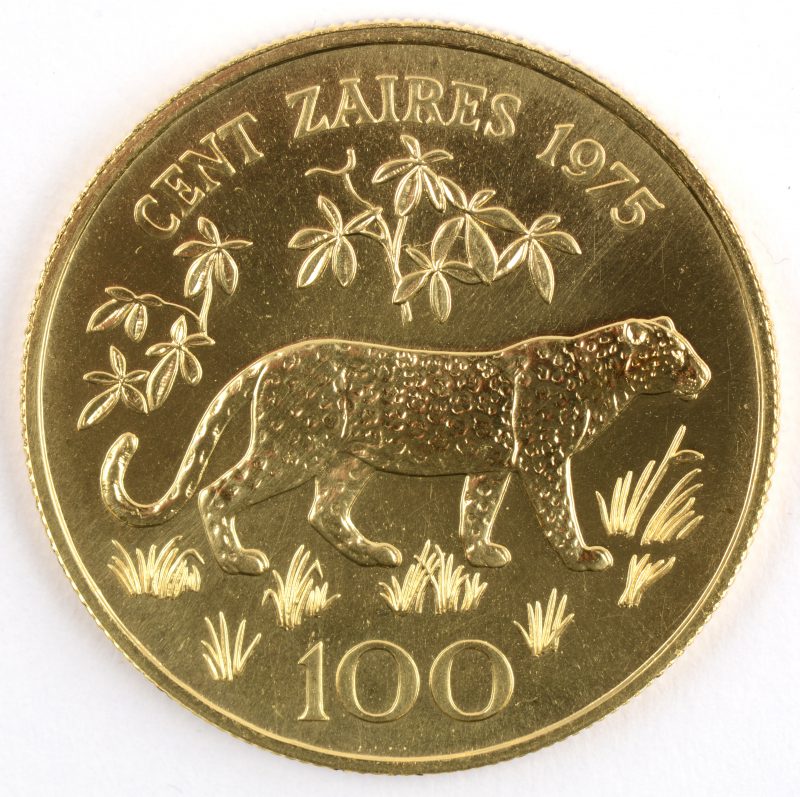 1 gouden munt van 100 zaire. “Conservation”. Au 900/1000. Zaire 1975. Recto: Moboetoe, verso: luipaard. Zeer kleine oplage.