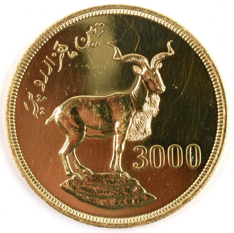1 gouden munt van 3000 rupees, “Conservation”. Verso: schroefhoorngeit. Au 900/1000. Pakistan.