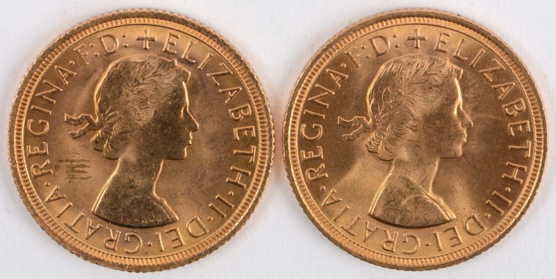2 gouden munten Gold Sovereign met jonge Elisabeth II. Au 917/1000. Groot-Brittannië, 1959 en 1967.