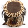 Kifwebe. Een Luba helmmasker, volledig bekleed met schelpen, koper, haar, kraaltjes enz. DRC.