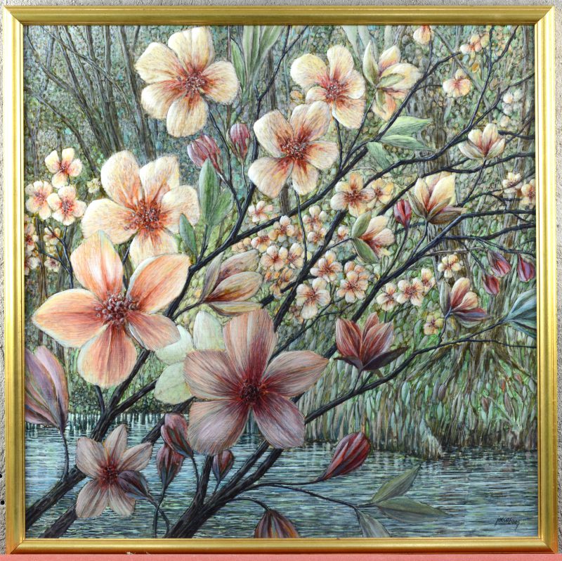 “Bloeiende magnolia aan de waterkant”. Olieverf op doek. Gesigneerd.