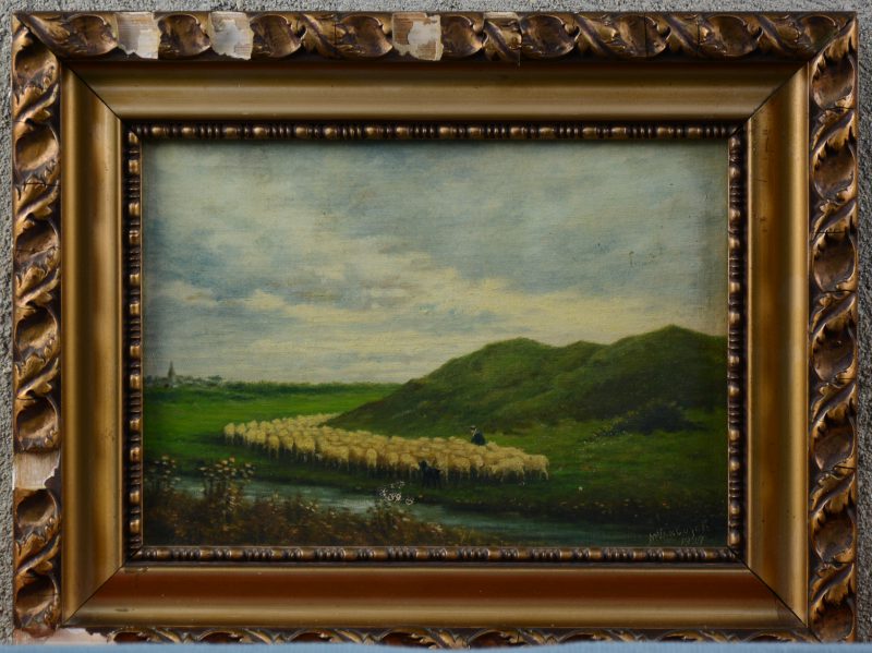 “Schaapherder met kudde”. Olieverf op gemaroufleerd doek. Gesigneerd en gedateerd 1927. Zeer lichte schade ter hoogte van het water. Kader beschadigd.