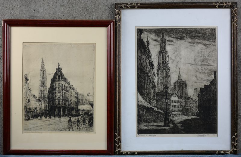 Twee zichten op Antwerpen, etsen. De eerste door H. Van Peteghem en de tweede door Romain Malfliet. Beide gesigneerd en genummerd buiten de plaat.
