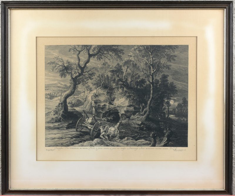 “Landschap met vastgelopen wagen”. Een herdruk van een XVIIe eeuwse gravure van Bolswert naar Rubens.