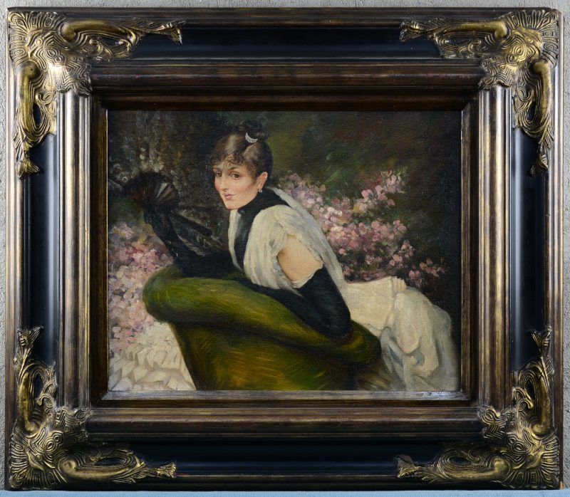 “Dame met waaier”. Olieverf op doek. Recent werk naar het impressionisme.