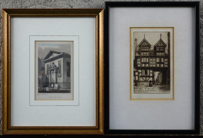 “The Council House gateway, Shrewsburry” & “Lyon’s Inn Hall”. Twee kleine Engelse gravures, waarbij het eerste van Mary Shelley.