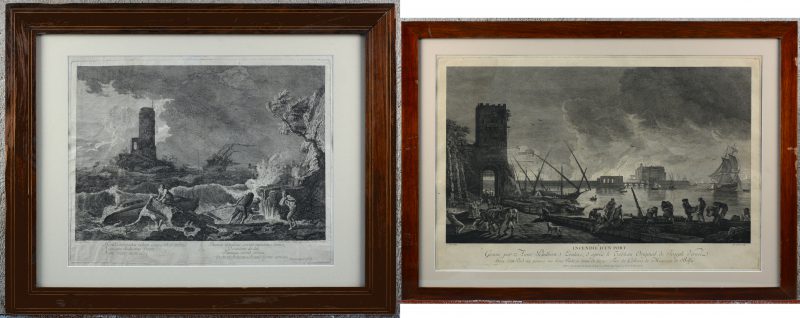 Twee gravures: “Incendie d’un Port” (36 x 55 cm) en “Schipbreuk” (35 x 44 cm). XIXde eeuw, naar Vernet.