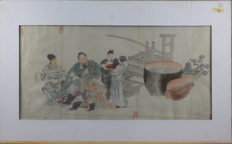 “Bedienden helpen de filosoof Li Po, nadat deze dronken is geworden van wijn”. Een gekleurde Japanse houtsnede. Gesigneerd. Omstreeks 1820.