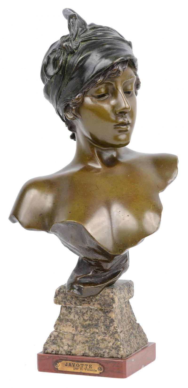 “Javotte”. Een bronzen buste op sokkel van graniet en rood marmer.