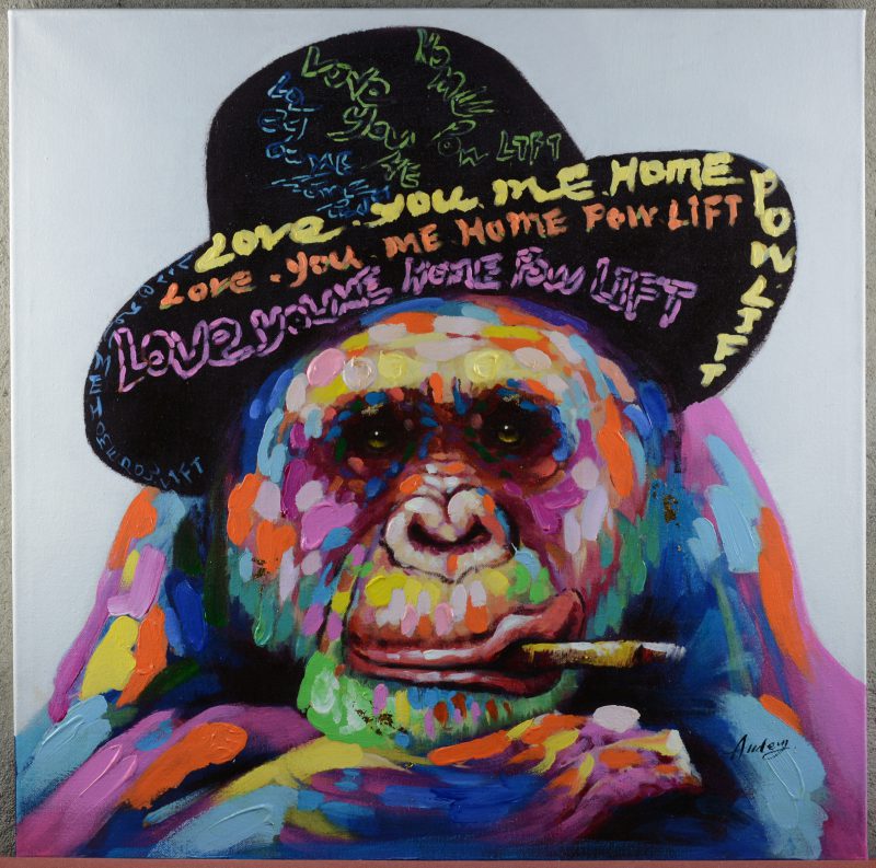 “Chimpansee met hoed en sigaar”. Olieverf op doek. Gesigneerd ‘Audrey’.