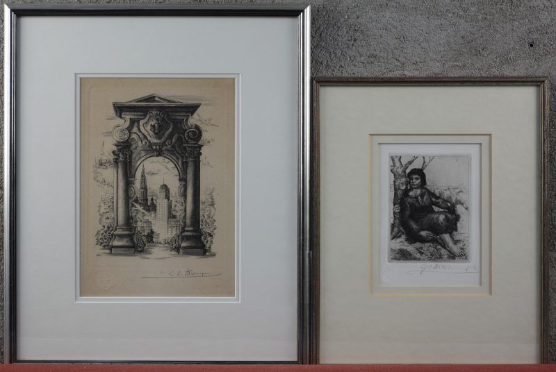 2 gravures, beide gesigneerd buiten de plaat en met droogstempel:- “Melkmeisje”. (12,5 x 9,5 cm)- “Poort naar Antwerpen”. (21 x 16,5 cm)
