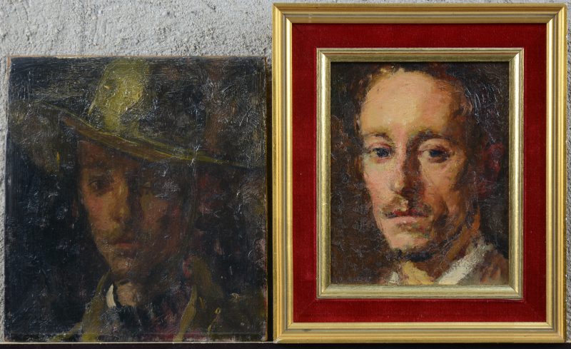 Twee portretten van André Van den Sande, zijn privéleerling. Olieverf op paneel. Beide met opdracht aan achterzijde.