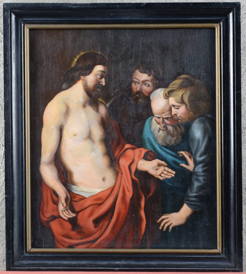 “De ongelovige Thomas”. Olieverfschilderij op paneel naar Rubens. Op de achterkant: “gerestaureerd i 1961 door Bernard Janssens”.