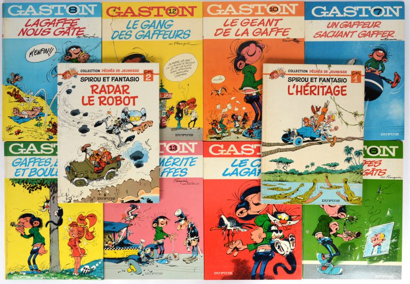 “Gaston”. Ed. Dupuis (1968-1979). Nummers 6 t.e.m. 13 (hard cover, kleine letsels, overwegend goede staat). Evenals “Spirou et Fantasio”, Collection Péchés de Jeunesse 1 & 2 (1976).
