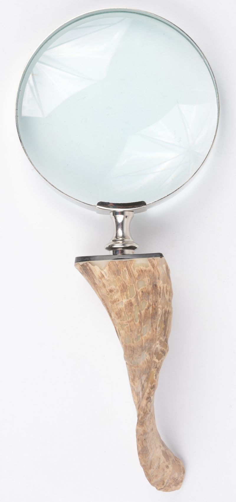 Een vergrootglas met handvat van schaapshoorn.