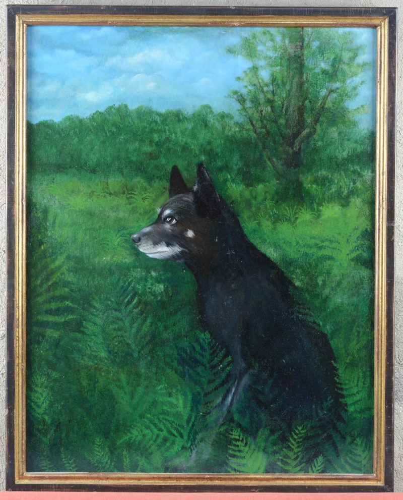 “Hond in een landschap”. Olieverf op paneel. Gesigneerd.