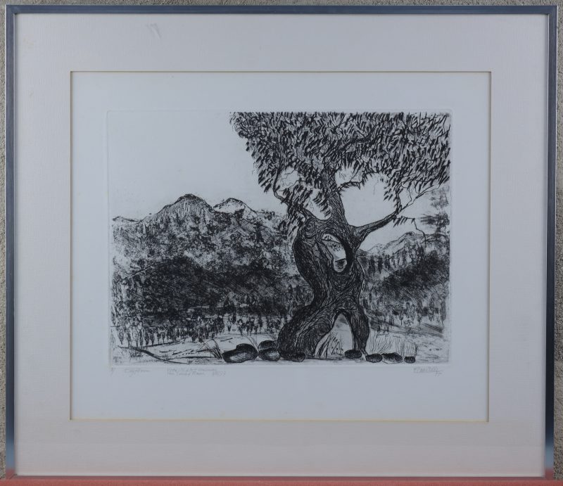 “Berglandschap met olijfboom”. Ets. Gesigneerd, gedateerd 1977, genummerd 2 en met opdracht.