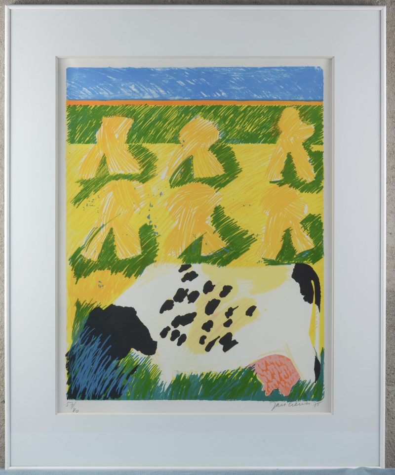 “Zomers landschap met koe en hooimijten”. Een lithografie. Gesigneerd, gedatyeerd ‘75 en genummerd 57/80 buiten de plaat.
