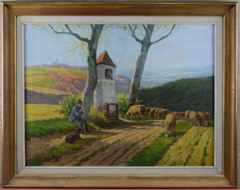 “Heuvellandschap met schapen en kapel.” Olieverf op doek. Gesigneerd.