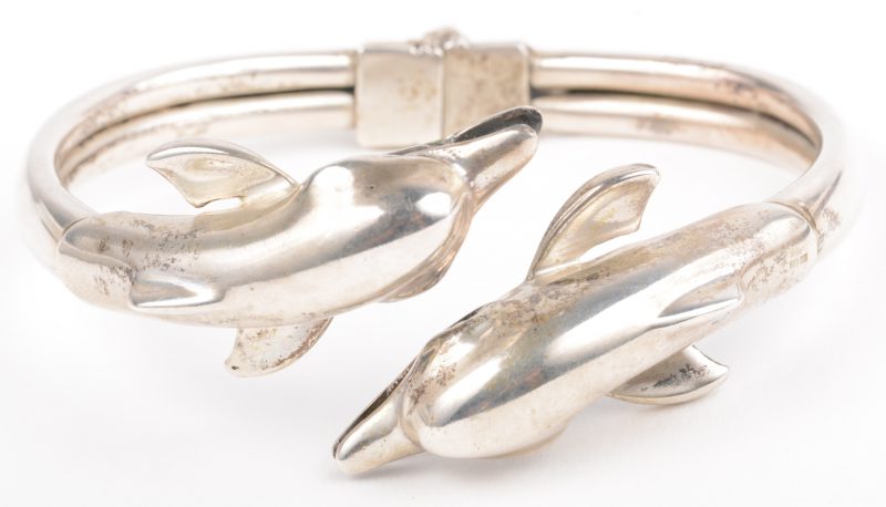 Een zilveren armband met dolfijnen.