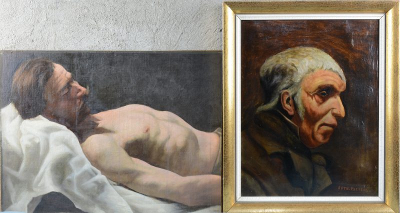 “Herenportret”. Olieverf op doek. En één andere op paneel (43 x 58 cm).