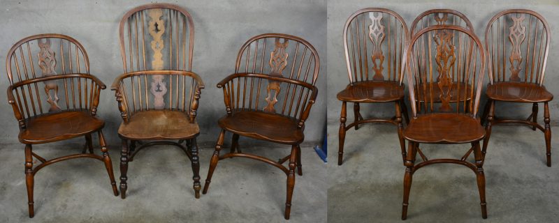 Een lot van zeven Windsorstoelen, waarbij drie armstoelen. (Eén licht afwijkend model)