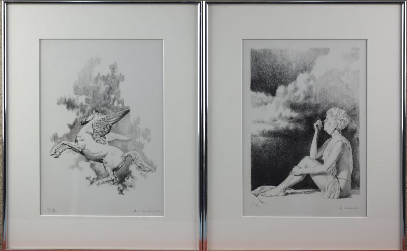 “Vrouw” & “Pagasus”. Twee lithografieën. Artiestenproeven, beide gesigneerd buiten de plaat.
