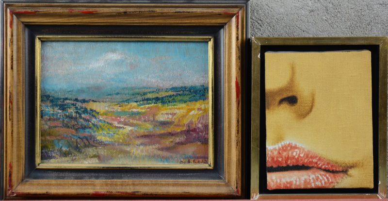 “Vrouwengezicht” & “Landschap”. Twee olieverfschilderijtjes op doek. Het tweede gesigneerd en gedateerd ‘80.