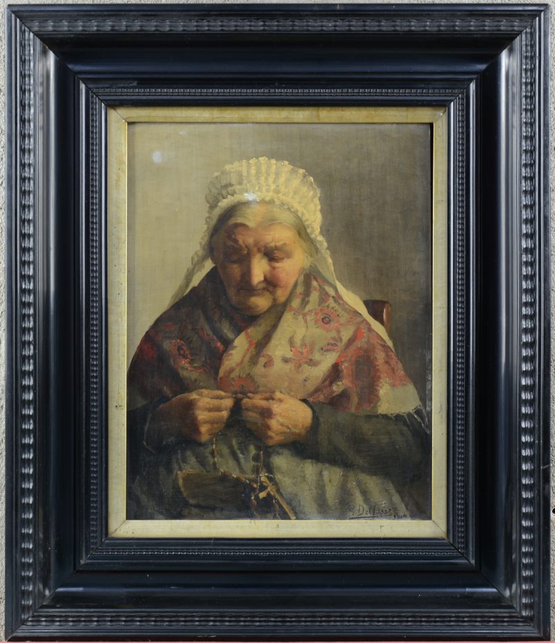 “Portret van een oude dame met paternoster”. Olieverf op paneel. Gesigneerd en gedateerd 1912.