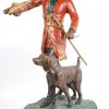 “Engelse jager met hond en hoorn”. Een bronzen groep met deels meerkleurig partina op houten voetstuk.