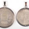 Twee zilveren hangers 835‰ met twee zilveren munten van Leopold II 1873 en 100 Frank 1950. Roi des Belges.
