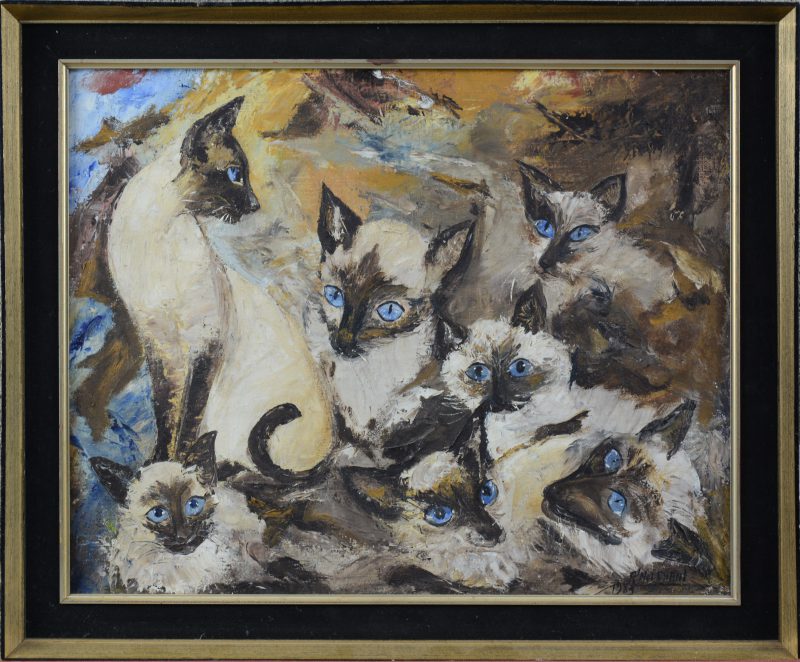 “Perzische katten”. Olieverf op doek. Gesigneerd.