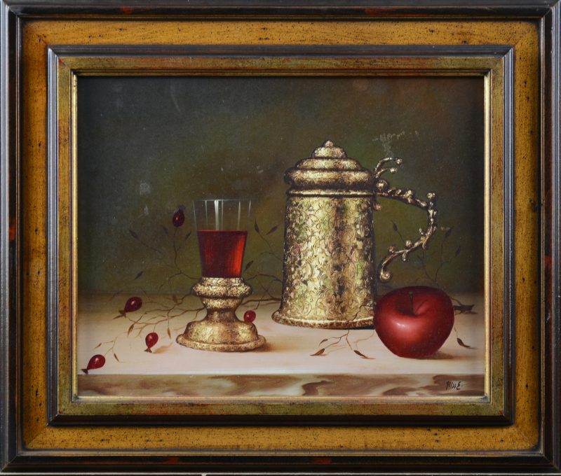 “Stilleven met appel en wijnglas”. Olieverf op paneel.