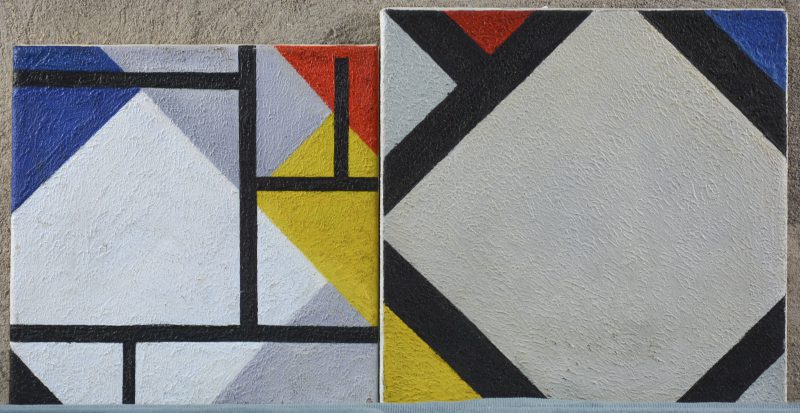“Composities in de geest van Mondrian”. Olieverf op doek.
