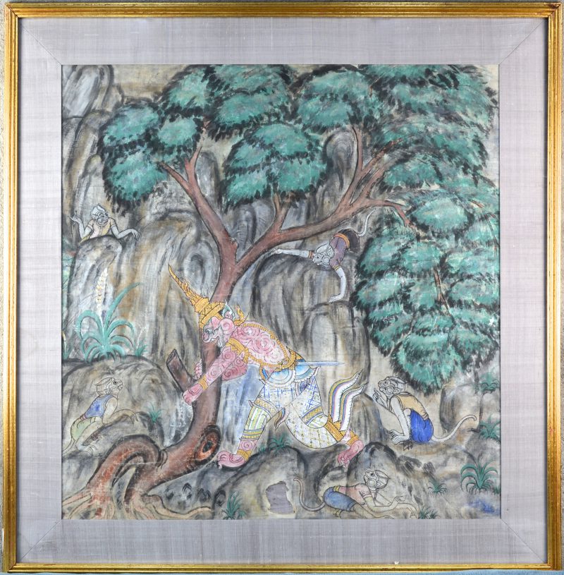 “Imaginair landschap met een Hindoe god die een boom uitrukt en diverse dieren”. Gouache op zijde. XIXde eeuw.