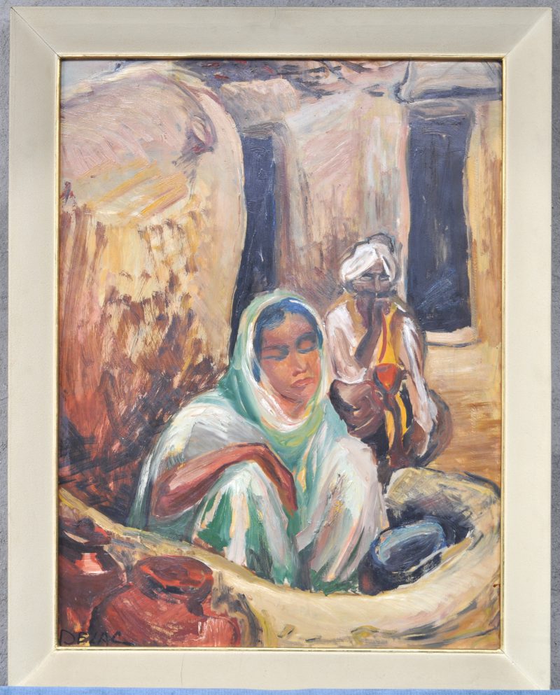 “Vrouw in een stalletje in een Perzisch straatje”. Olieverf op paneel. Gesigneerd Delac. Medio XXe eeuw.