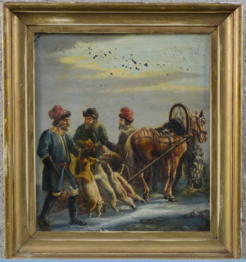 “Het verzamelen van de jachtbuit”. Oliverf op koper. Russische school, XIXe eeuw. Verfschade bovenaan.