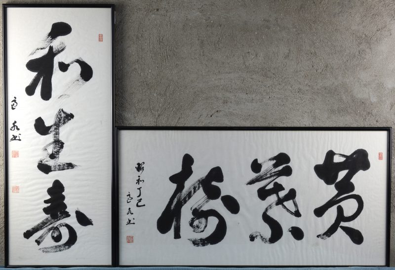 Een paar Chinese kaligrafische tekeningen op papier. Gesigneerd en met stempel.