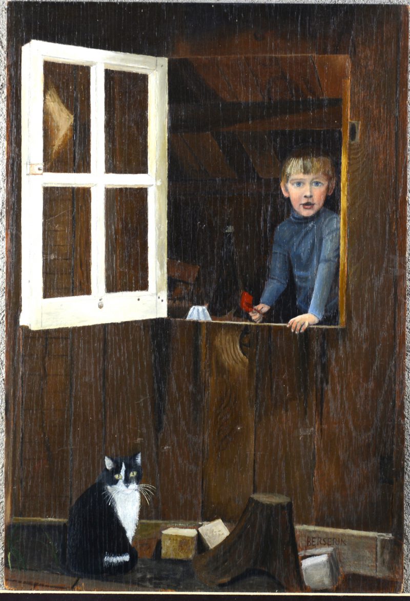 “Kind en kat bij de raam”. Olieverf op paneel. Draagt handtekening ‘Berserik’ rechts onderaan.