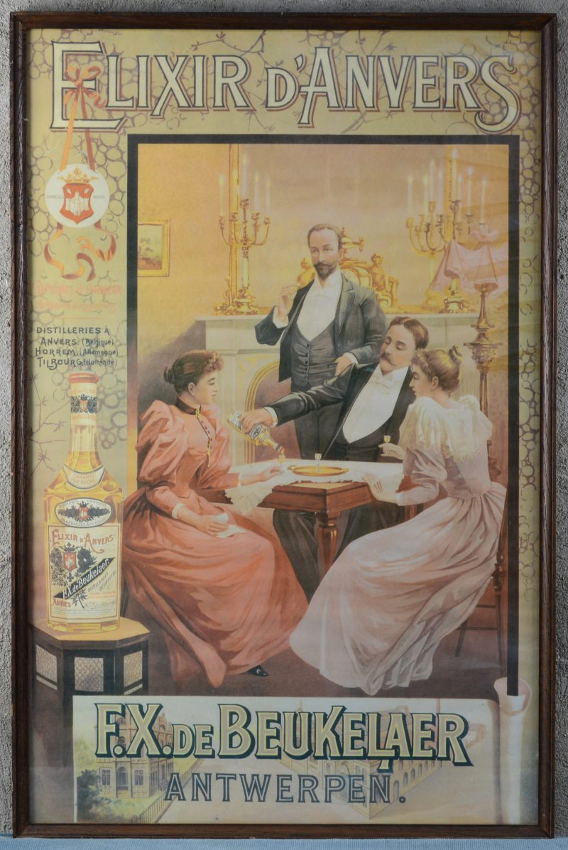 Een reproductie van een oude reclameposter voor Elixir d’Anvers.